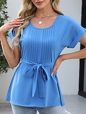billige Kvinne Enkle Topper-Dame Bluse Helfarge Stilfull Fritid Kortermet Crew-hals Vanlige topper Daglig Blondér Blå Fuksia Grønn Aprikos Sommer