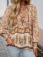 cheap Boho Tops-Women&#039;s Boho Shirt Blouse Flower Modern Boho Long Sleeve V Neck Regular Tops Daily Going out Print Yellow Pink Navy Blue Blue Orange Summer
