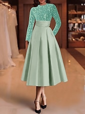 economico Abiti da cocktail-Abiti da cocktail A-line in paillettes elegante abito invitata a matrimonio lunghezza tè maniche lunghe scollo a gioiello in raso con pieghe abiti Derby 2025