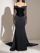 economico NERO-Abito nero in velluto con corsetto, abito da sera a sirena/tromba, elegante, formale, da sposa, strascico a corte, scollo a cuore, in pizzo con manica arricciata 2025