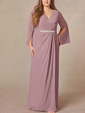 preiswerte Bodenlänge-A-Linie Brautmutterkleid Hochzeitsgast Elegant V Ausschnitt Bodenlang Chiffon Spitze Langarm mit Falten Perlenstickerei Raffung 2025