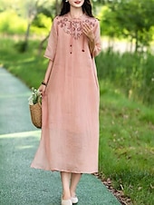 ieftine Rochii-Pentru femei Rochii Midi Rochie din in bumbac Rochie florala Modă Modern Vacanță Zilnic Concediu Fit regulat Floare Manșon Jumate Guler de stand Roz Îmbujorat Albastru piscină Trifoi Caisă Vară