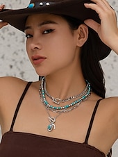 cheap Women&#039;s Necklace-Women&#039;s Western Layered Turquoise Beaded Necklace Set – Boho Statement Jewelry with Cactus &amp; Teardrop Charms, Ideal for Festivals, Country Concerts and Casual Wear