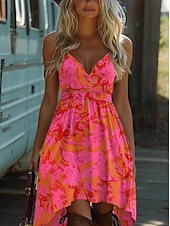 preiswerte Ausgefallene Kleider-Damen Minikleid Unterkleid Urlaub Party Lässig Ausgehen Strand Standard Passform Blumen Grafik Ärmellos V Ausschnitt Spaghettiträger Hellgrün Rote Blau Grün Sommer Frühling