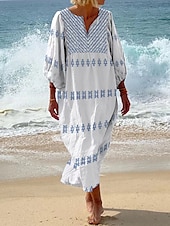 preiswerte Boho Kleider-Damen Maxikleid Shiftkleid Lässig Strand Normale Passform Blumen Dreiviertelarm V Ausschnitt Weiß Gelb Blau Grün Sommer