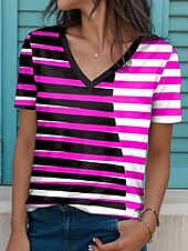 ieftine Tricou cu dungi și geometric-Pentru femei Tricou Grafic Geometric Epocă Stilat Modern Manșon scurt În V Topuri obișnuite Zilnic Imprimeu Fucsia Vară Primăvară