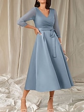 cheap Tea Length-A-Line Mother of the Bride Dress Wedding Guest Elegant Sweet V Neck Tea Length Satin Half Sleeve with Sash / Ribbon Beading Ruching 2025