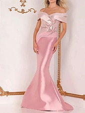 preiswerte WEISS-Meerjungfrau  Trompete Abendkleid Elegantes Kleid Formelle Hochzeit Bodenlang Ärmellos Offene Schulter Satin mit Perlen