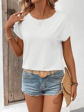 preiswerte Einfarbiges T-Shirt-Damen T-Shirt Einfarbig Einfach Mode Modern Lässig Kurzarm Rundhalsausschnitt Regulär Oberteile Täglich Wochenende Spitze Patchwork Schwarz Weiß Pink Khaki Sommer