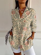 abordables Hauts de Vacances pour Femmes-Femmes Chemise Fleur Quotidien Élégant Basique Demi Manches Col en V Hauts Réguliers Quotidien Fête Imprimé Blanche Bleu Beige Printemps Automne
