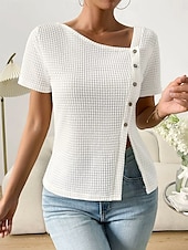 voordelige Witte t-shirt-Dames Overhemd Effen Basic Casual Korte mouw Assymmetrisch V-hals Normale tops Dagelijks Knop Asymmetrisch Wit Rood Paars Zomer