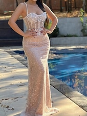 economico Champagne-Abito da sera a sirena/tromba in oro, con corsetto a vita bassa, formale, semi-formale, da sposa, lungo fino al pavimento, senza maniche, scollo a cuore, in tulle con perle glitterate e paillettes