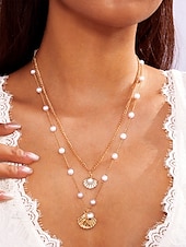cheap Women&#039;s Necklace-Women&#039;s Summer Beach Necklace with Pearl, Shell and Starfish Charms – Gold-Plated Layered Necklace for Vacation, Casual Outfits and Special Occasions
