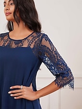 abordables Robe Simple-robe d&#039;invitée de mariage pour femme robe unie robe midi dentelle mousseline patchwork décontracté col rond manches 3/4 robes de cocktail robes formelles couleur bleue