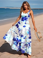 economico Abiti floreali-Per donna Abito maxi Abito a trapezio Abito a spalle scoperte Vacanza Casual Spiaggia Feste Vestibilità comoda Floreale Grafico Senza Maniche Collo quadrato Scollo Tondo Blu reale Estate Primavera