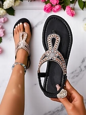 economico Sandali Piani-Sandali piatti da donna con cinturino a T e strass – comodi elastici, per le vacanze estive in spiaggia, da indossare tutti i giorni e per outfit estivi casual