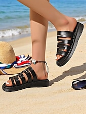 cheap Vacation Sandals-Women’s Brown Multi-Strap Slide Sandals – Casual Faux Leather Flats for Beach, Resort, and Vacation Outfits