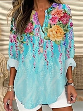 preiswerte Blumenoberteile-Damenbluse Langarm Tunika Tops Floral Graphic Elegant Stylisch V-Ausschnitt Reguläre Tops Tägliche Urlaub Druck Blau Grün Sommer Frühling