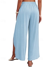 abordables Pantalón liso de lino y algodón-Mujer Pantalones de lino y algodón pantalones Casual Longitud total Cintura Media Plano Cintura elástica Separado Al Aire Libre Cómodo Festivos Ropa Cotidiana Fin de semana Albaricoque PEC Celeste