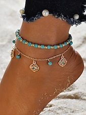 abordables Pulsera de mujer-Tobillera con cuentas turquesas para mujer y dijes chapados en oro: joyería bohemia de playa para vacaciones de verano y festivales.