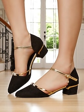 cheap Block Heel Pumps-Women's Black Suede Block Heel Dress Shoes with Gold Ankle Straps, Rhinestone Buckle for Daily Date, Casual Office, Romantic Evenings