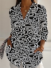 abordables Chemises-Femmes Chemises en coton et lin Géométrique Quotidien Occasionnel Manche 3/4 Col de chemise Hauts Réguliers Quotidien Fête Boutons Imprimé Noir Blanche Marron Vert Été