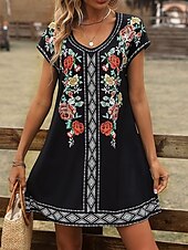 ieftine Rochii florale-Pentru femei Rochie Mini Rochii Tricou Rochie de Vară Rochie de vară Vacanță Casual Boho Zilnic Ieșire Fit regulat Floral Grafic Manșon scurt În V Negru Roșu Vin Albastru piscină Maro Vară