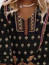billiga Bohemklänningar-Dam Mini klänning Vardagsklänning Sommarklänning Boho-klänning Mode Utomhus Fest Helgdag Normal Blomma Långärmad V-hals Svart Sommar Vår