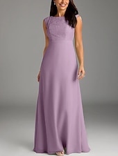 cheap Floor Length-A-Line Mother of the Bride Dress Wedding Guest Elegant Minimalist Crew Neck Floor Length Chiffon Lace Cap Sleeve with Lace Buttons