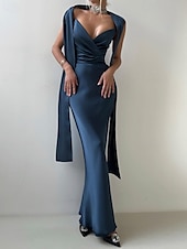 cheap BLUE-2-in-1 Dress Cape Dress Mermaid / Trumpet Evening Gown Elegant Dress Formal Semi Formal Dress Wedding Floor Length Sleeveless V Neck Satin Backless with Bow(s) Pleats Slit