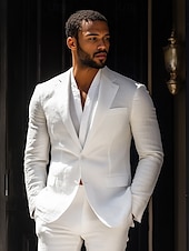 abordables Costumes décontractés-costumes décontractés en lin pour hommes blancs mode d&#039;été décontracté couleur unie coupe standard 2 pièces simple boutonnage deux boutons