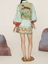 abordables concevoir des robes en coton et lin-Femmes Mini Robe Robes en coton et lin Robe Décontractée Mode Extérieur Soirée Fête Coupe régulière Animal manche longue Col de chemise Vert Été