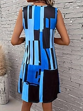 cheap Stripe&amp;Geometric Dress-Women&#039;s Mini Dress Sundress A Line Dress Summer Dress Vacation Casual Regular Fit Graphic Geometric Color Block Sleeveless U Neck Light Brown Blue Summer Spring