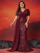 preiswerte BLAU-Meerjungfrau  Trompete Plus Size Kleider Elegantes Kurvenkleid Formelles Hochzeitskleid Bodenlang Kurzarm V-Ausschnitt Pailletten mit Pailletten 2025