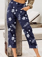 economico Pantaloni in cotone e lino con grafica-Per donna Pantaloni in cotone e lino Moda Streetwear Lunghezza intera Naturale Fiore Tasca Elastico in vita Stampa Comodo All&#039;aperto Confortevole Vacanza Streetwear Nero Rosa Blu Cachi Estate