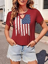 voordelige Onafhankelijkheidsdag Top-Vrouwen Blouse Vlag Stijlvol Casual Korte Mouw Crewneck Regelmatige Tops Dagelijks Print Zwart Rood Marineblauw Zomer