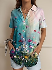 abordables Hauts Floraux-Femmes Chemise A Ombre Fleuri Graphique ancien Tropical Quotidien Sans manches Manche Courte Col de chemise Hauts Réguliers Quotidien Jaune Rouge Bleu Violet Été Printemps