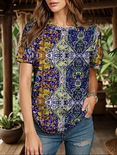 billige Boho t-skjorte-Dame T skjorte Blomstret Grafisk Planter Bohem Årgang Etnisk Kortermet Crew-hals Rund hals Vanlige topper Daglig Ut på byen Helg Trykt mønster Gul Rød Blå Grønn Sommer Vår