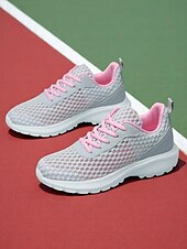 levne Dámské tenisky-Dámské lehké šedé síťované běžecké tenisky se šněrováním pro jogging, fitness a venkovní cvičení