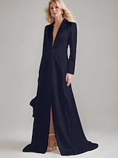 preiswerte Bodenlänge-Blazer Kleid A-Linie Brautmutterkleid Smokingkleid Elegant Einfach Luxuriös V-Ausschnitt Mit Revers Bodenlang Satin Langarm mit Falten