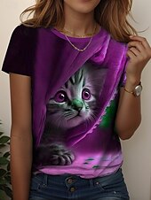 cheap Animals tee-Women&#039;s T Shirt Graphic Animal Cat Vintage Stylish Classic Short Sleeve Crew Neck Regular Tops Daily Weekend Print Blue Purple Green Summer Spring