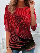 cheap Graphic shop tee-Women&#039;s T Shirt Tee Top Color Block Abstract Fashion Modern Long Sleeve Crew Neck Regular Tops Daily Print Red Sky Blue Light Blue Summer Spring