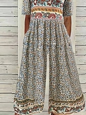 baratos macacões casuais-Mulheres Normal Macacão Casual Floral Manga Curta Gola Redonda Imprimir Rua Diário Normal Azul Damasco Verão