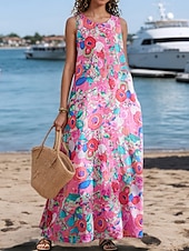 preiswerte Druck Blumen Kleider-Damen Maxikleid A Linie Kleid Sommerkleid Boho Täglich Ferien Normale Passform Grafik Farbblock Ärmellos Rundhalsausschnitt Rosa Rote Grün Sommer