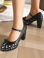 preiswerte Retro-Stil der 1950er Jahre-blaue Mary Janes mit gepunktetem Blockabsatz für Damen – Vintage-Stil der 50er Jahre mit Schleifen, ideal für Teepartys, Verabredungen und Lolita-Mode