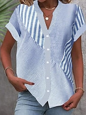 abordables Tops à Rayures et Géométriques pour Femmes-Blouse Femme Col V Boutonnée Blouse Graphique Rayée Vintage Quotidienne Stylée Manches Courtes Col Notched Tops Réguliers Quotidien Imprimé Boutons Bleu Marron Été Printemps