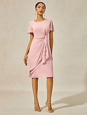 abordables Robes moulantes de soirée-Femmes Robe Midi Robe à Plusieurs Couches Élégant Formel Papillon robe demoiselle d honneur Cocktail Coupe régulière Uni Manche Courte Col ras du cou Rose poussiéreuse Été