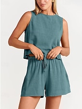 cheap Sets-Women&#039;s Active Basic Cotton Linen Sets Blouse Shorts Sets Sleeveless Crew Neck Solid Color Drawstring Going out Weekend Black Blue Orange Summer Regular Fit