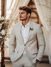 abordables Costumes de mariage-costumes de mariage en lin pour hommes beige mode formel été couleur unie coupe standard 2 pièces simple boutonnage un bouton