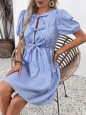 ieftine Rochie cu dungi și geometrică-Pentru femei Rochie Mini Rochie A line Rochie de vară Casual Zilnic Fit regulat Grafic Dungi Manșon scurt Stil Nautic Negru Albastru piscină Vară